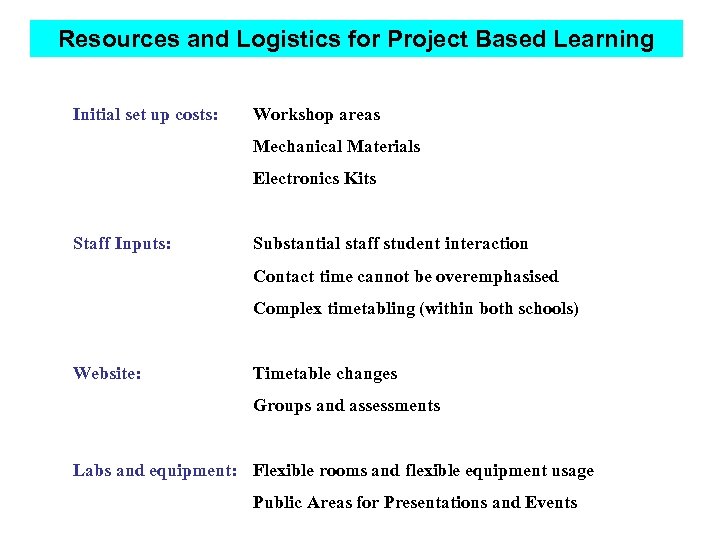 Resources and Logistics for Project Based Learning Initial set up costs: Workshop areas Mechanical