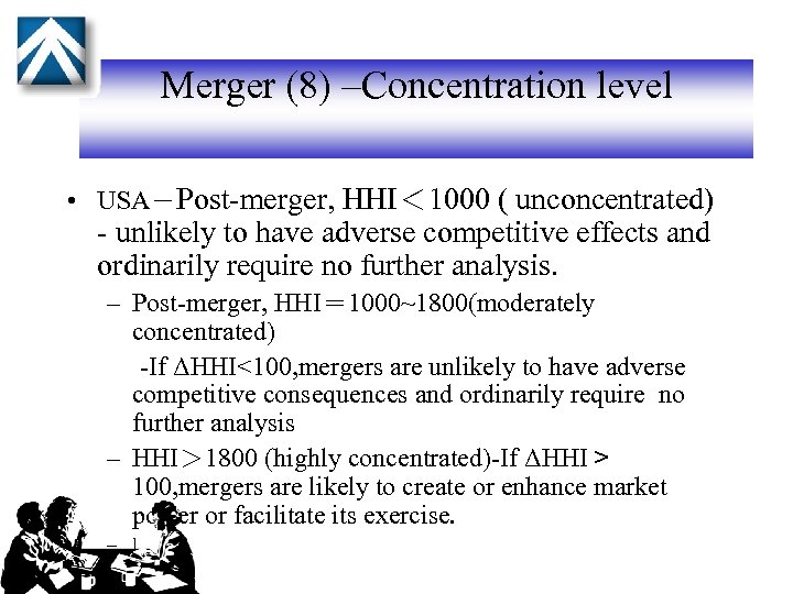 Merger (8) –Concentration level • USA－Post-merger, HHI＜ 1000 ( unconcentrated) - unlikely to have