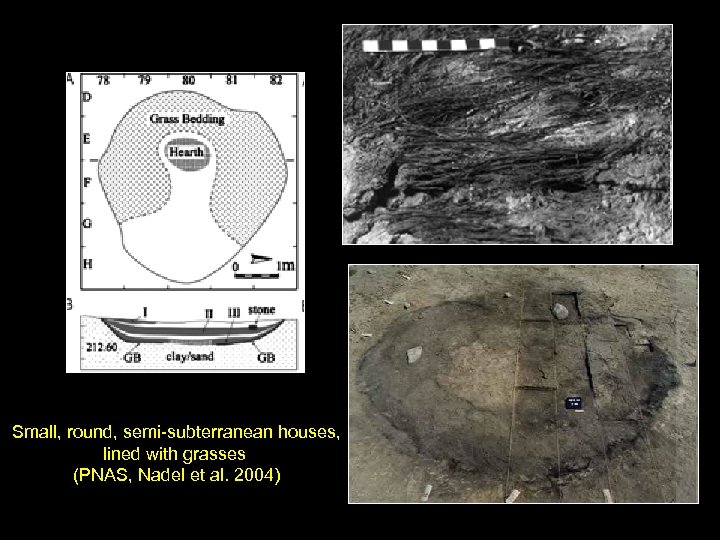 Small, round, semi-subterranean houses, lined with grasses (PNAS, Nadel et al. 2004) 