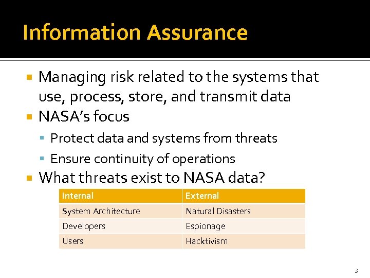 Information Assurance Managing risk related to the systems that use, process, store, and transmit