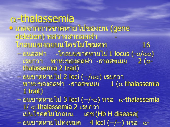  -thalassemia • เกดจากการขาดหายไปของยน (gene deletion) ทสรางสายอลฟา โกลบนซงอยบนโครโมโซมคท 16 – ยนอลฟา -โกลบนขาดหายไป 1 locus