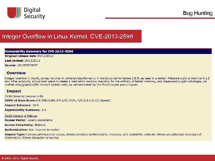 Bug Hunting Integer Overflow in Linux Kernel. CVE-2013 -2596 © 2002— 2013, Digital Security