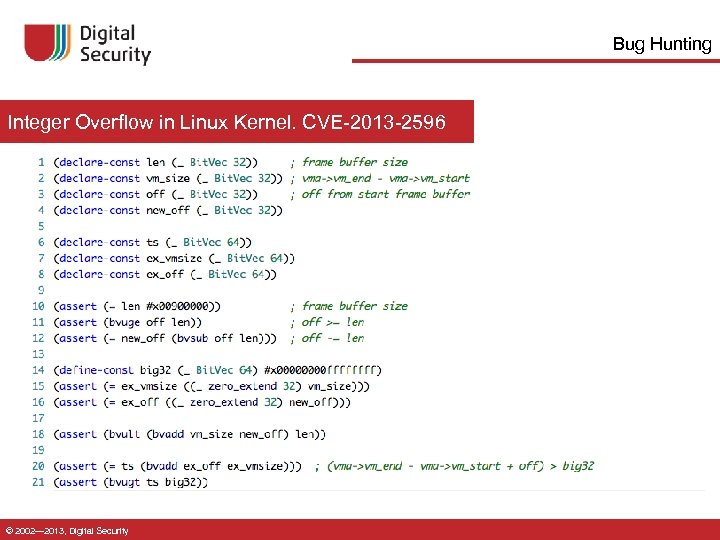 Bug Hunting Integer Overflow in Linux Kernel. CVE-2013 -2596 © 2002— 2013, Digital Security