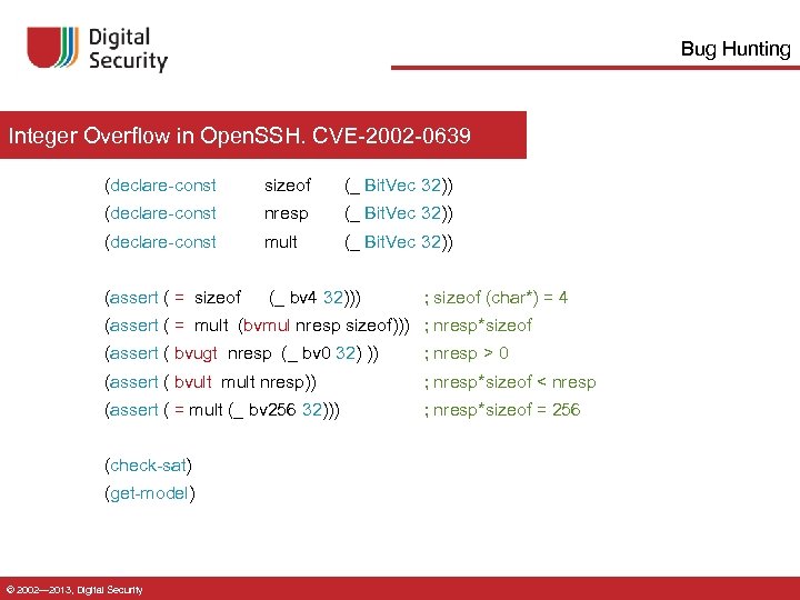 Bug Hunting Integer Overflow in Open. SSH. CVE-2002 -0639 (declare-const sizeof (_ Bit. Vec