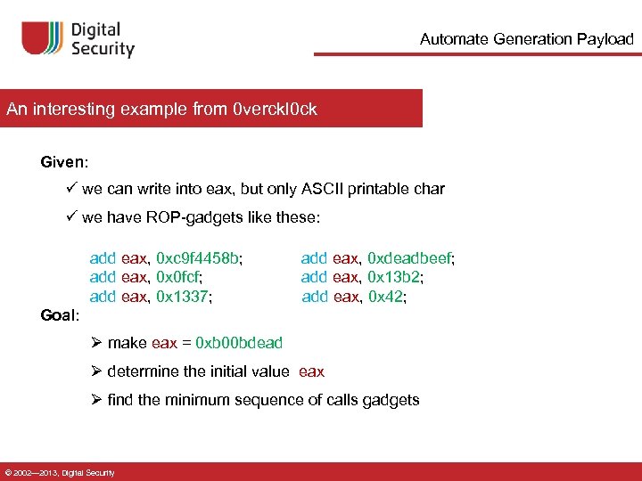 Automate Generation Payload An interesting example from 0 verckl 0 ck Given: ü we