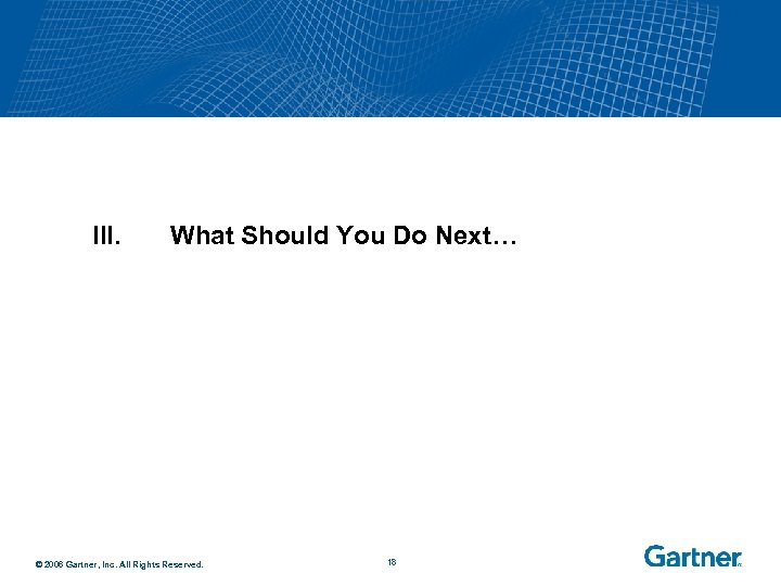 III. What Should You Do Next… © 2006 Gartner, Inc. All Rights Reserved. 18