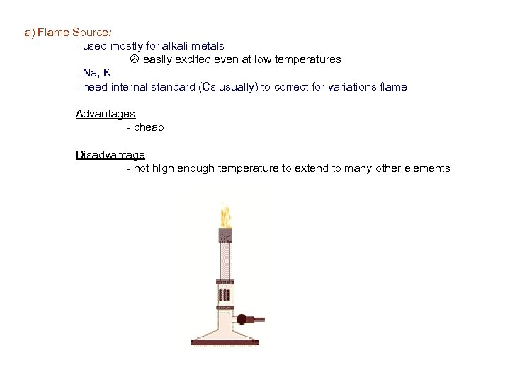a) Flame Source: - used mostly for alkali metals > easily excited even at
