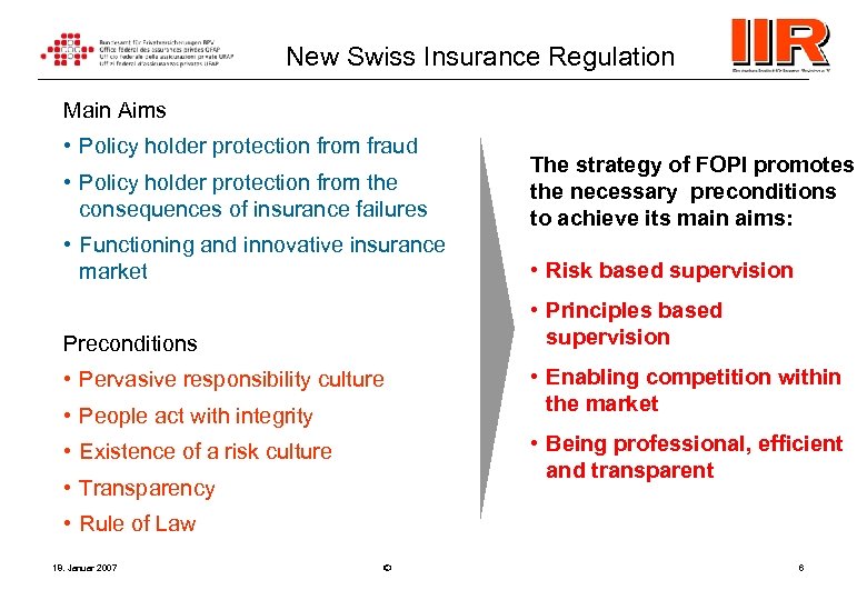 New Swiss Insurance Regulation Main Aims • Policy holder protection from fraud • Policy