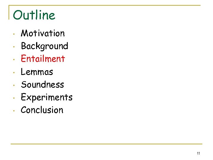 Outline • • Motivation Background Entailment Lemmas Soundness Experiments Conclusion 11 