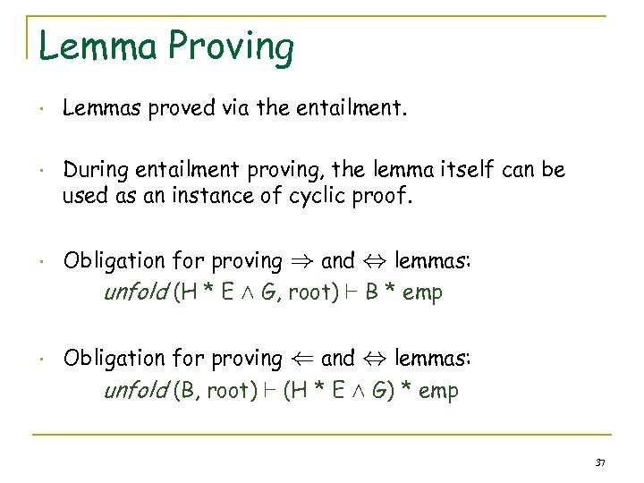 Lemma Proving • • Lemmas proved via the entailment. During entailment proving, the lemma
