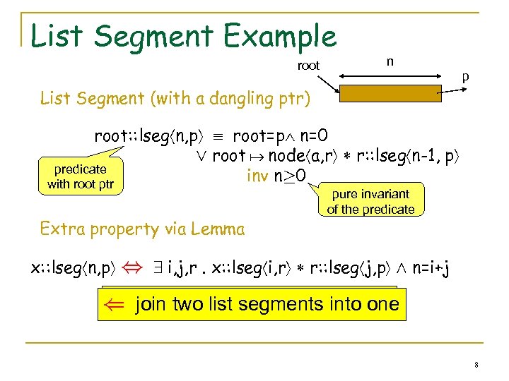 List Segment Example root n p List Segment (with a dangling ptr) root: :