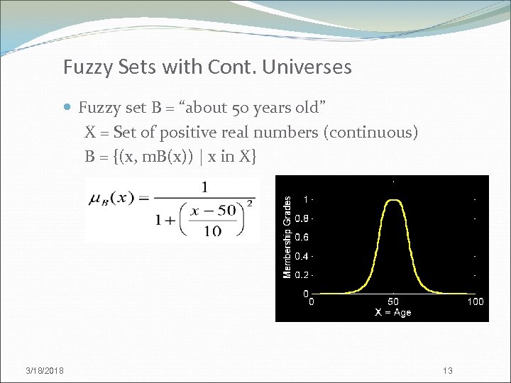 Fuzzy Sets with Cont. Universes Fuzzy set B = “about 50 years old” X