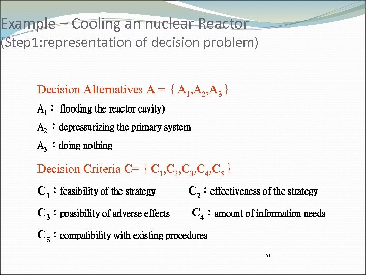 Example – Cooling an nuclear Reactor (Step 1: representation of decision problem) Decision Alternatives