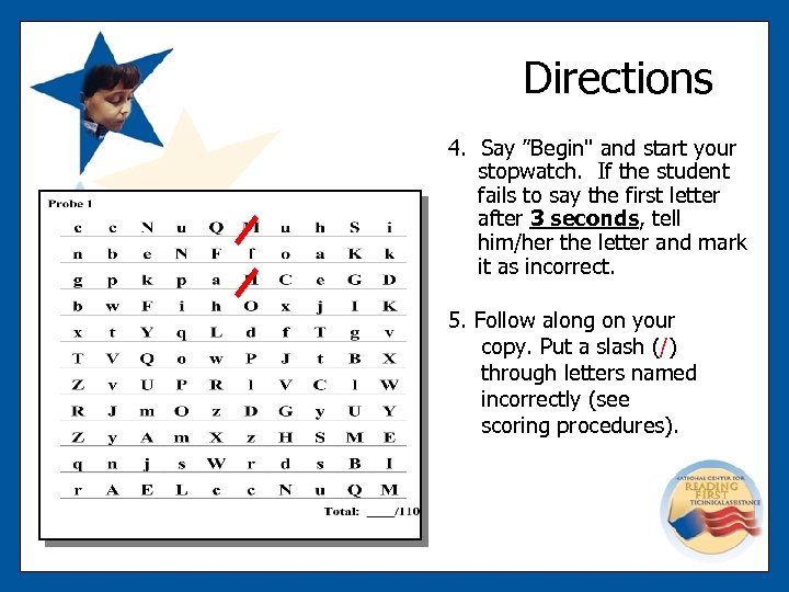 Directions 4. Say ”Begin" and start your stopwatch. If the student fails to say