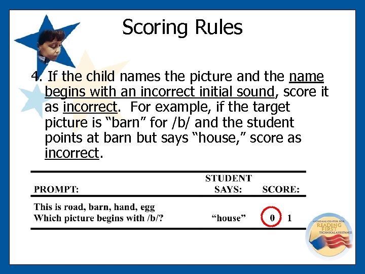 Scoring Rules 4. If the child names the picture and the name begins with