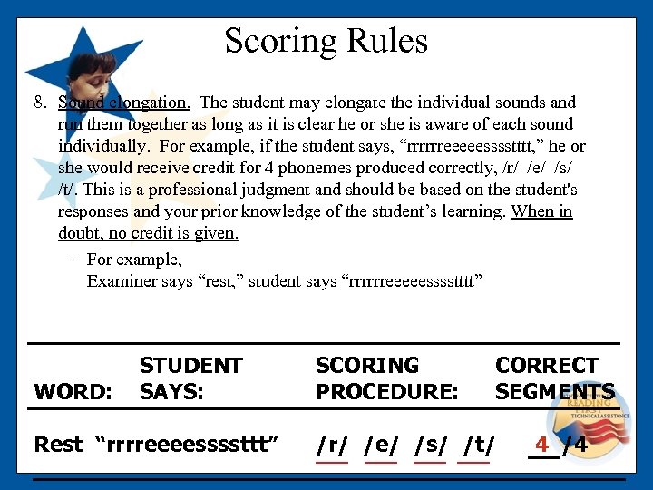 Scoring Rules 8. Sound elongation. The student may elongate the individual sounds and run