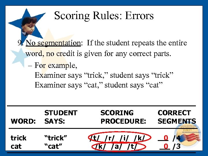 Scoring Rules: Errors 9. No segmentation: If the student repeats the entire word, no