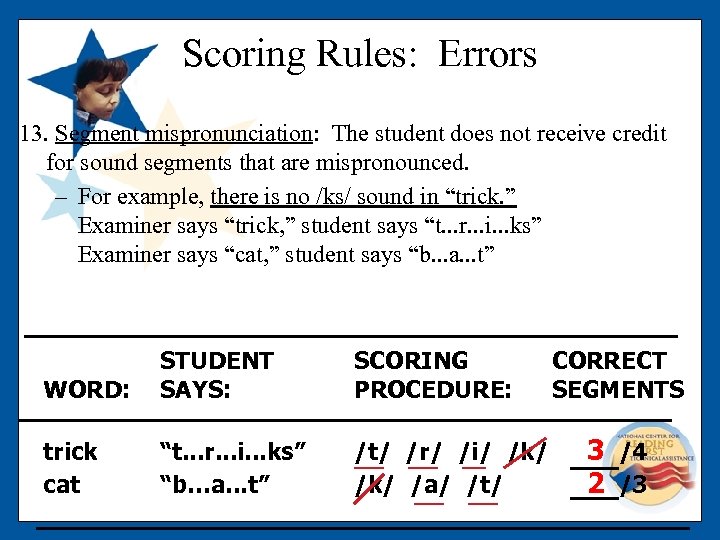 Scoring Rules: Errors 13. Segment mispronunciation: The student does not receive credit for sound