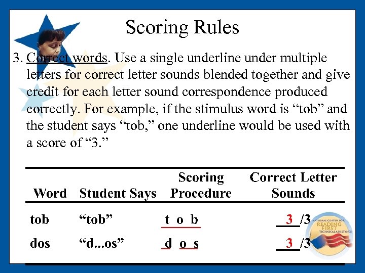 Scoring Rules 3. Correct words. Use a single underline under multiple letters for correct