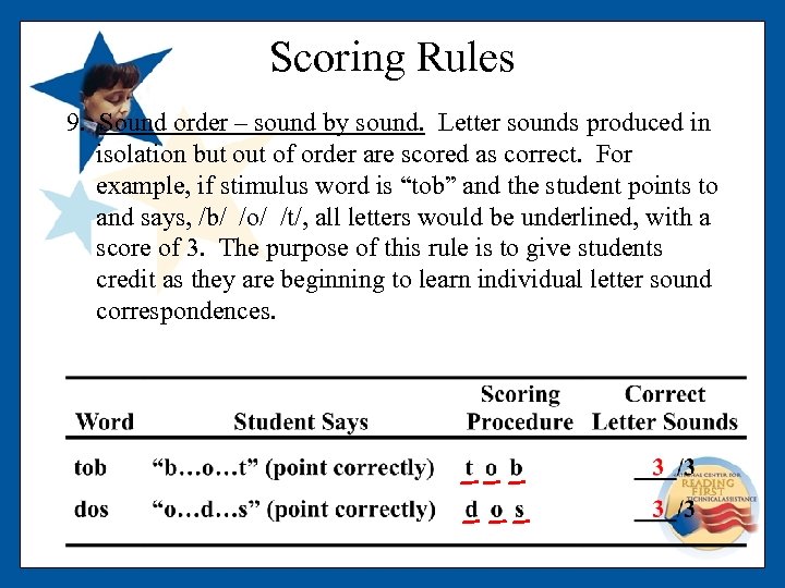 Scoring Rules 9. Sound order – sound by sound. Letter sounds produced in isolation