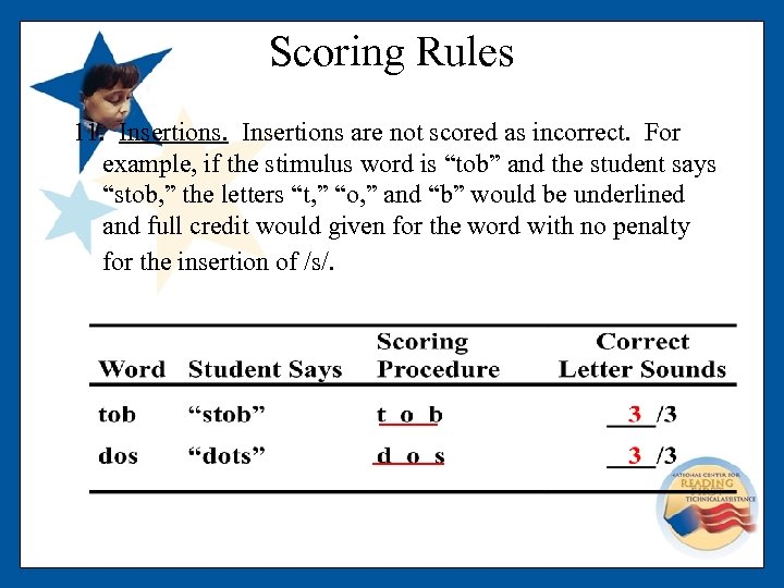 Scoring Rules 11. Insertions are not scored as incorrect. For example, if the stimulus