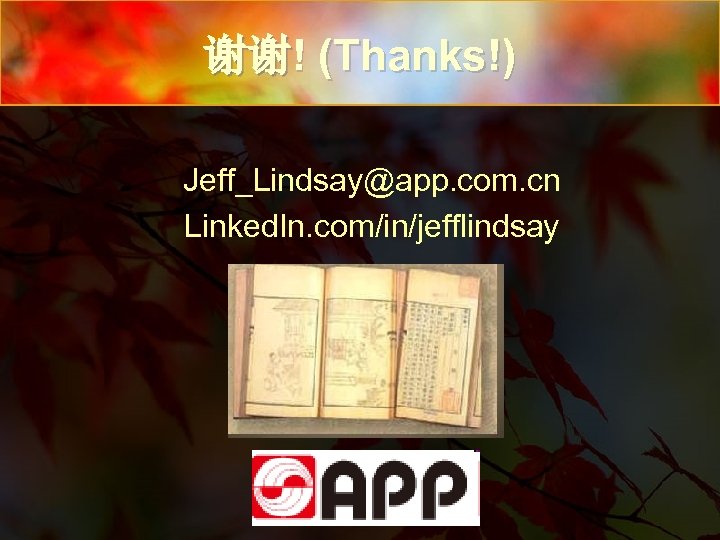 谢谢! (Thanks!) Jeff_Lindsay@app. com. cn Linked. In. com/in/jefflindsay 