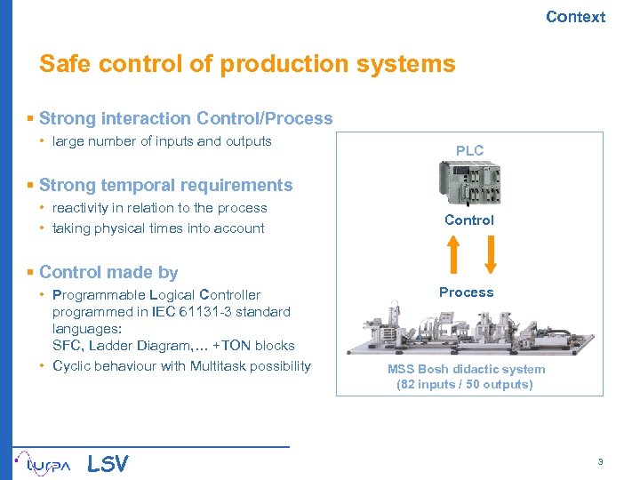 Context Safe control of production systems § Strong interaction Control/Process • large number of