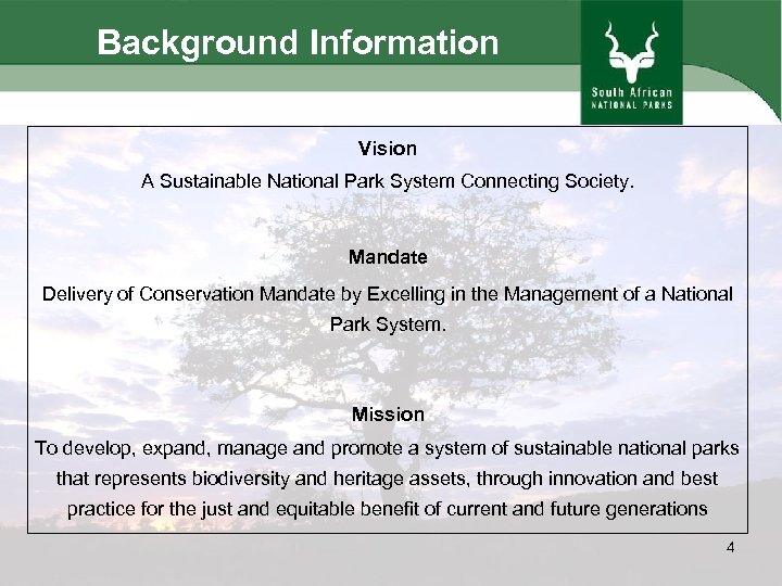 Background Information Vision A Sustainable National Park System Connecting Society. Mandate Delivery of Conservation