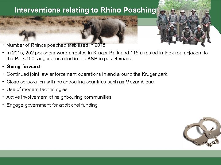 Interventions relating to Rhino Poaching • Number of Rhinos poached stabilised in 2015 •