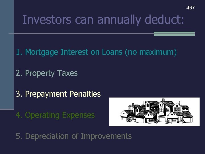 467 Investors can annually deduct: 1. Mortgage Interest on Loans (no maximum) 2. Property