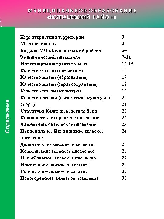 Содержание МУНИЦИПАЛЬНОЕ ОБРАЗОВАНИЕ «КОЛПАШЕВСКИЙ Р А Й О Н» Характеристика территории Местная власть Бюджет