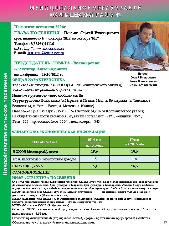 МУНИЦИПАЛЬНОЕ ОБРАЗОВАНИЕ «КОЛПАШЕВСКИЙ Р А Й О Н» Поселение основано 2006 г. ГЛАВА ПОСЕЛЕНИЯ