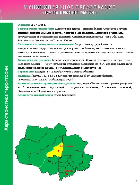 Характеристика территории МУНИЦИПАЛЬНОЕ ОБРАЗОВАНИЕ «КОЛПАШЕВСКИЙ РАЙОН» Основан: 11. 07. 1925 г. Географическое положение: Расположен