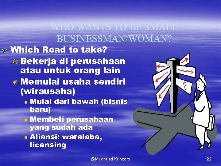 WHO WANTS TO BE SMALL BUSINESSMAN/WOMAN? Which Road to take? Bekerja di perusahaan atau