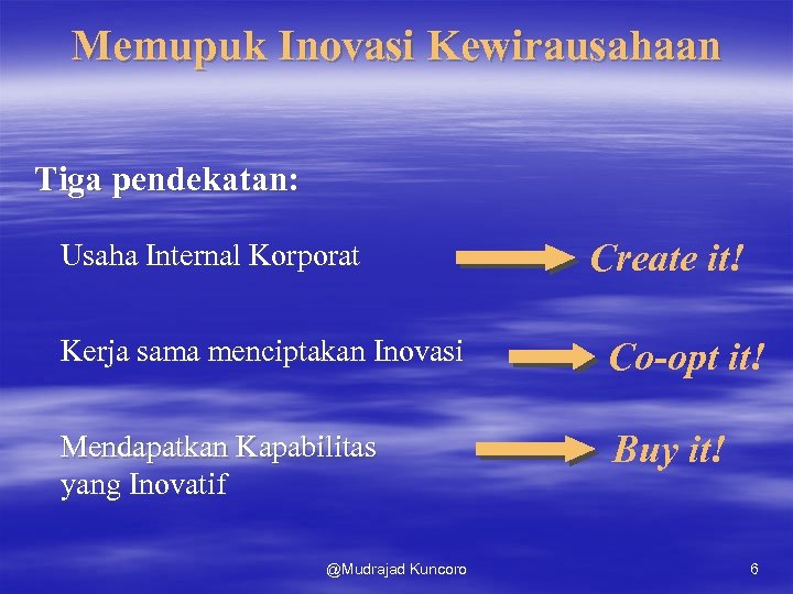 Memupuk Inovasi Kewirausahaan Tiga pendekatan: Usaha Internal Korporat Create it! Kerja sama menciptakan Inovasi
