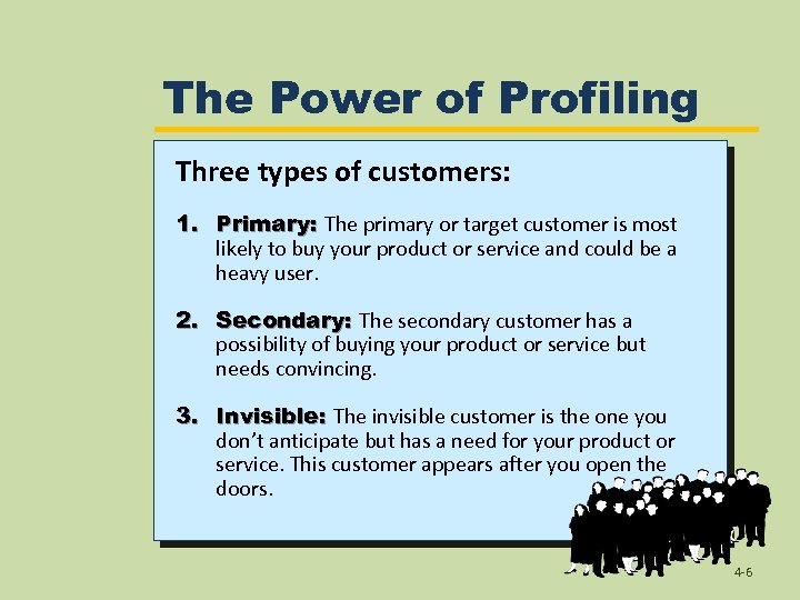 The Power of Profiling Three types of customers: 1. Primary: The primary or target