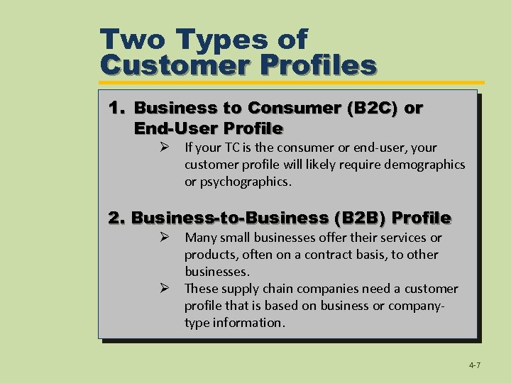 Two Types of Customer Profiles 1. Business to Consumer (B 2 C) or End-User