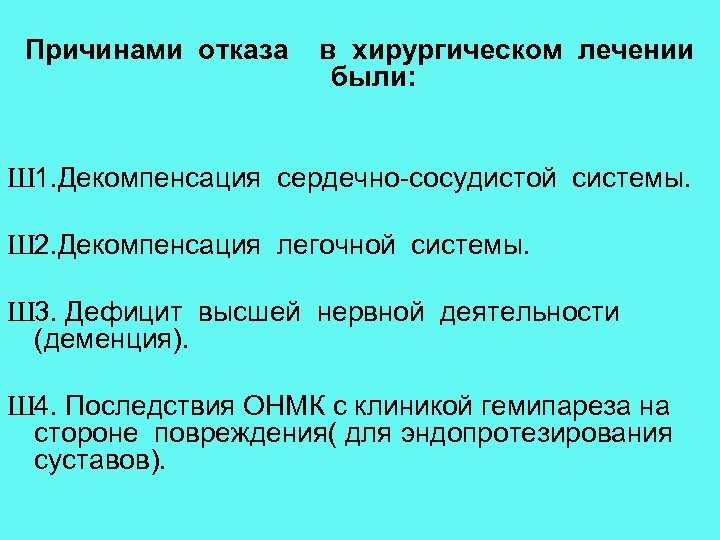 Причинами отказа в хирургическом лечении были: Ш 1. Декомпенсация сердечно-сосудистой системы. Ш 2. Декомпенсация