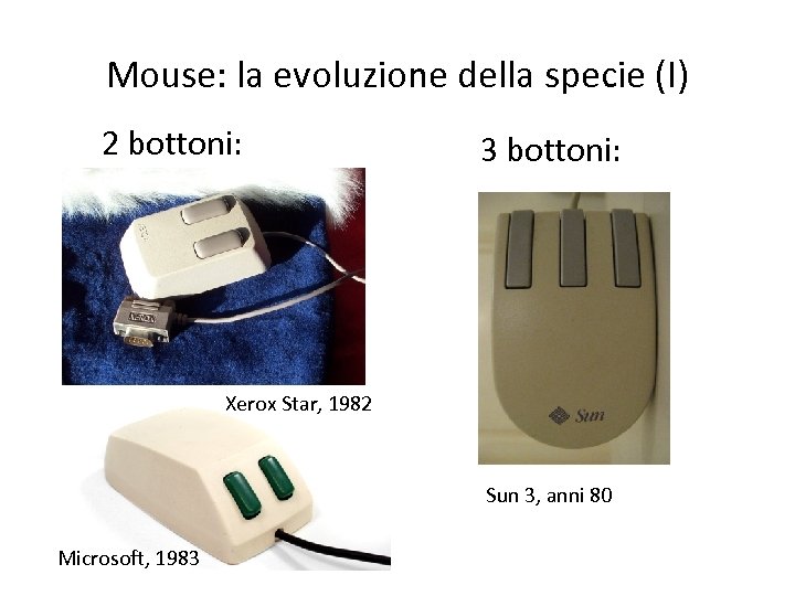 Mouse: la evoluzione della specie (I) 2 bottoni: 3 bottoni: Xerox Star, 1982 Sun