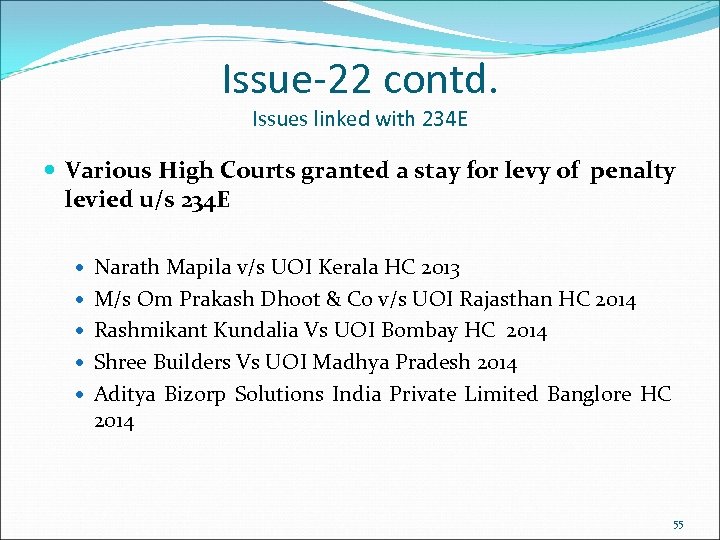 Issue-22 contd. Issues linked with 234 E Various High Courts granted a stay for