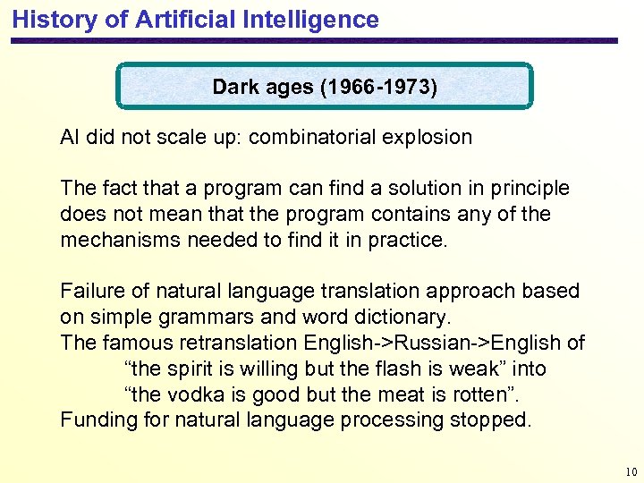 History of Artificial Intelligence Dark ages (1966 -1973) AI did not scale up: combinatorial