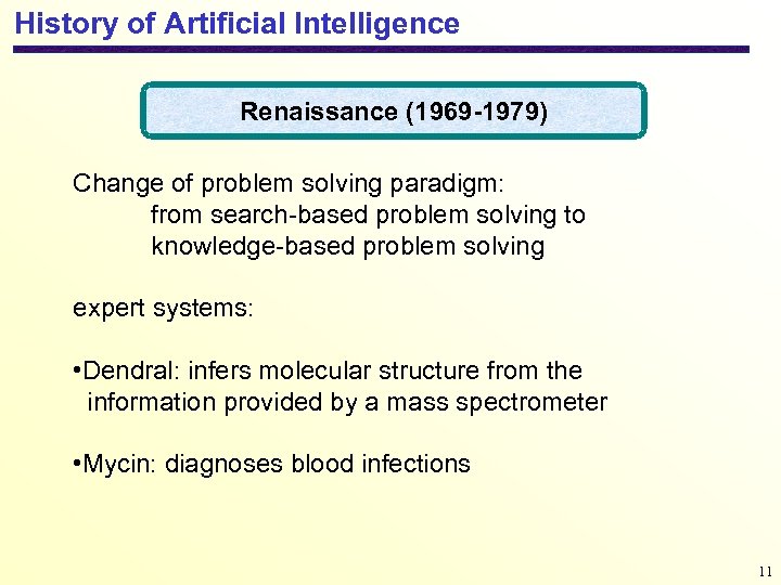 History of Artificial Intelligence Renaissance (1969 -1979) Change of problem solving paradigm: from search-based
