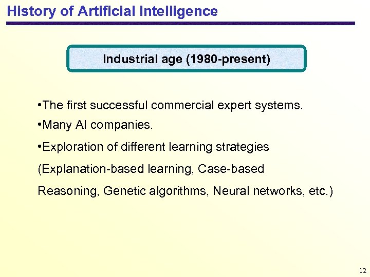 History of Artificial Intelligence Industrial age (1980 -present) • The first successful commercial expert