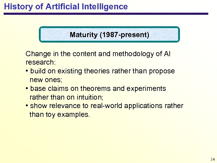 History of Artificial Intelligence Maturity (1987 -present) Change in the content and methodology of