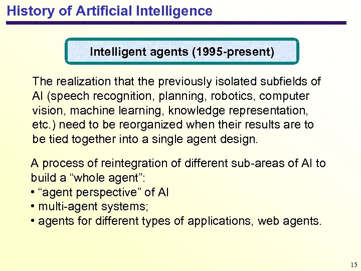 History of Artificial Intelligence Intelligent agents (1995 -present) The realization that the previously isolated