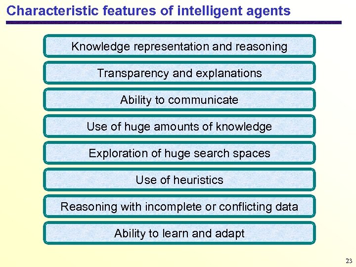 Characteristic features of intelligent agents Knowledge representation and reasoning Transparency and explanations Ability to