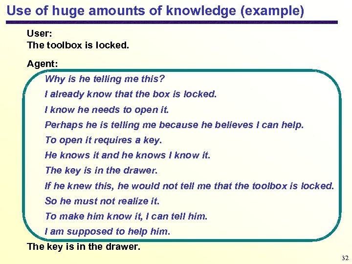 Use of huge amounts of knowledge (example) User: The toolbox is locked. Agent: Why