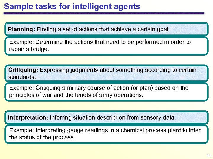 Sample tasks for intelligent agents Planning: Finding a set of actions that achieve a