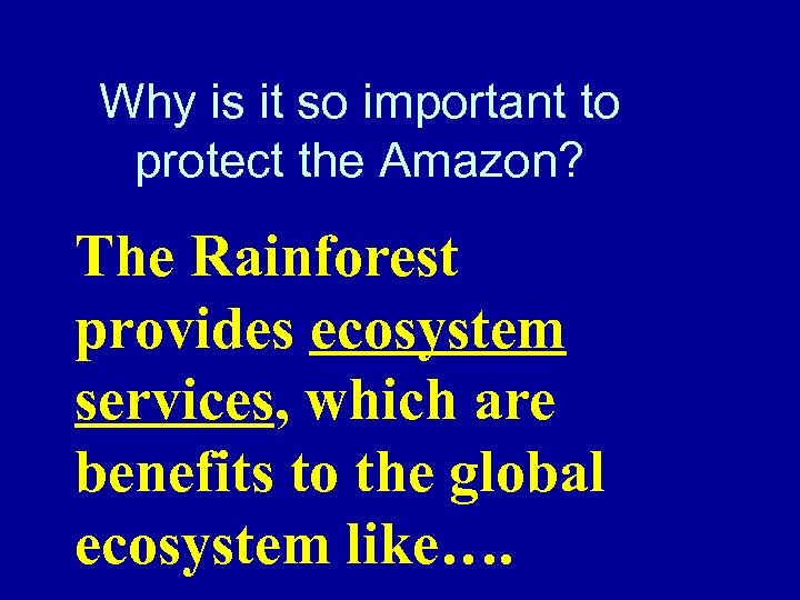 Why is it so important to protect the Amazon? The Rainforest provides ecosystem services,
