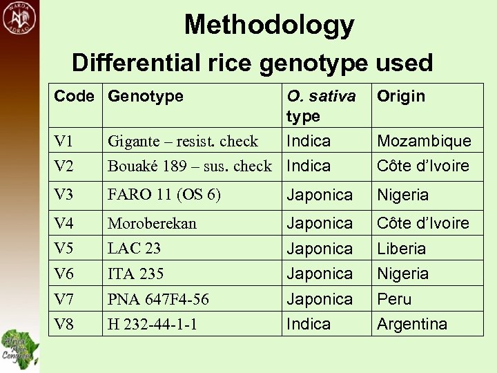 Methodology Differential rice genotype used Code Genotype Origin V 1 V 2 O. sativa